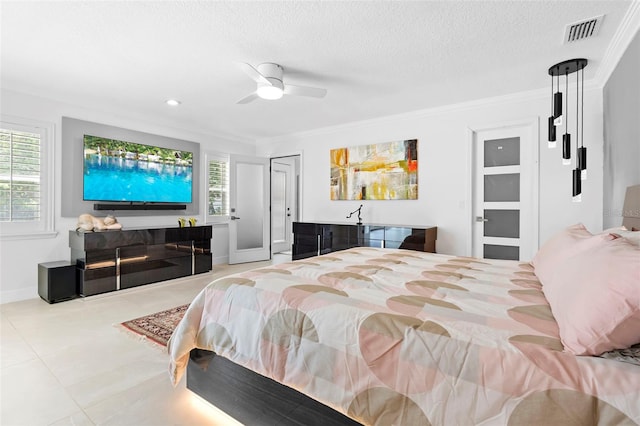 7905 Chad Ct, Orlando, FL 32835 - tiled bedroom featuring multiple windows, ornamental molding, a textured ceiling, and a ceiling fan