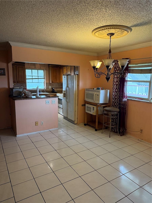 5300 Washington St Unit 340P, Hollywood, FL 33021 - kitchen with white appliances, a textured ceiling, a peninsula, dark countertops, and ornamental molding