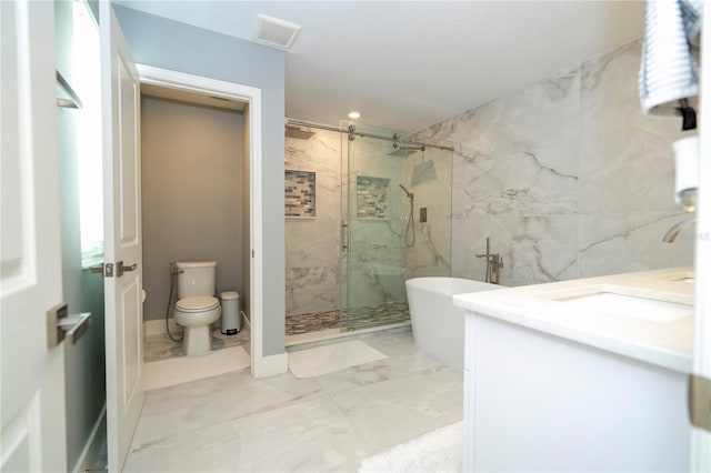 2813 Sanctuary Dr, Clermont, FL 34714 - bathroom with a marble finish shower, a freestanding tub, vanity, marble finish floors, and recessed lighting