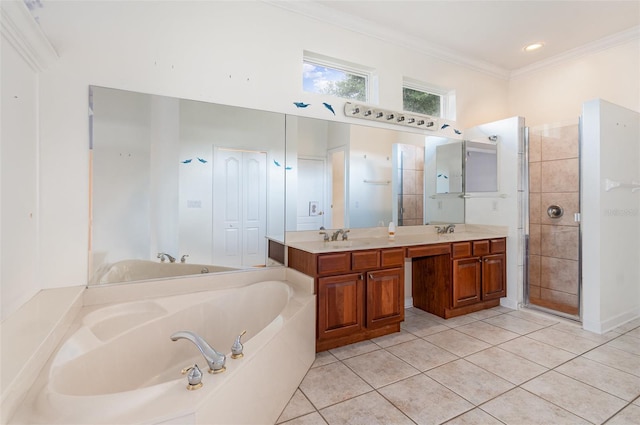 2317 Warren Woods Dr, Orlando, FL 32835 - full bathroom with a garden tub, double vanity, tile patterned flooring, ornamental molding, and a tile shower
