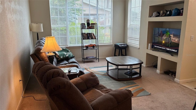 living area featuring carpet flooring and baseboards
