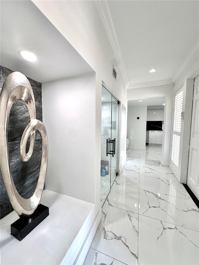 6258 Masters Blvd Unit C204, Orlando, FL 32819 - hall with ornamental molding, light marble finish flooring, and recessed lighting