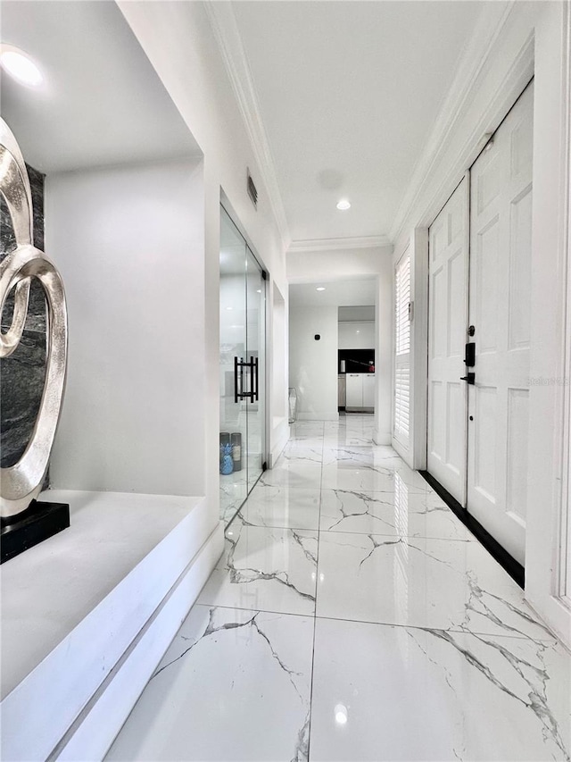 6258 Masters Blvd Unit C204, Orlando, FL 32819 - hallway with ornamental molding, marble tiled floors, and recessed lighting