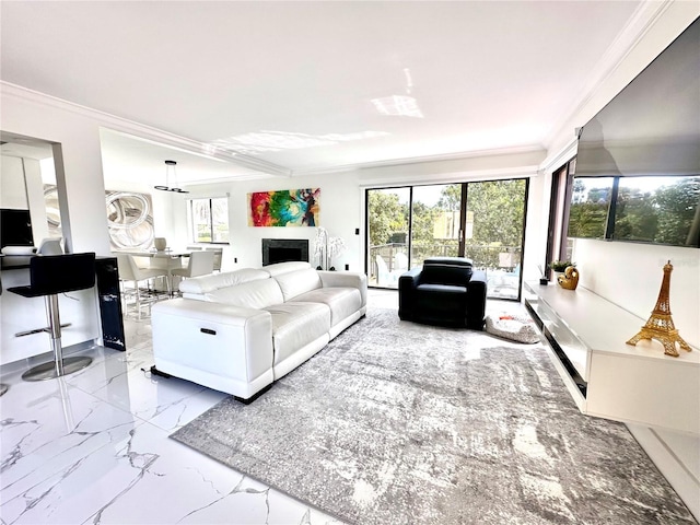 6258 Masters Blvd Unit C204, Orlando, FL 32819 - living room featuring ornamental molding, marble tiled floors, and a fireplace