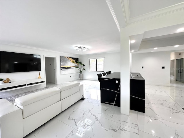 6258 Masters Blvd Unit C204, Orlando, FL 32819 - living room with crown molding, light marble finish floors, and recessed lighting