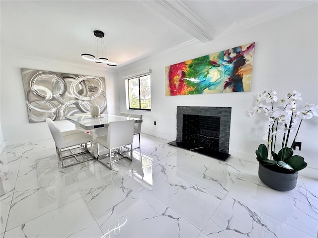 6258 Masters Blvd Unit C204, Orlando, FL 32819 - dining area with crown molding, a fireplace, marble finish flooring, and beamed ceiling