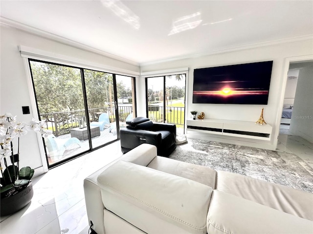 6258 Masters Blvd Unit C204, Orlando, FL 32819 - living room featuring marble finish flooring, ornamental molding, and plenty of natural light