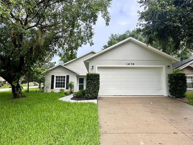 1676 Vick Rd, Apopka, FL 32712 - ranch-style house with driveway, a garage, a front lawn, and stucco siding