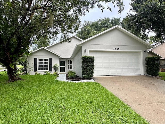 1676 Vick Rd, Apopka, FL 32712 - ranch-style home with an attached garage, driveway, a front lawn, and stucco siding