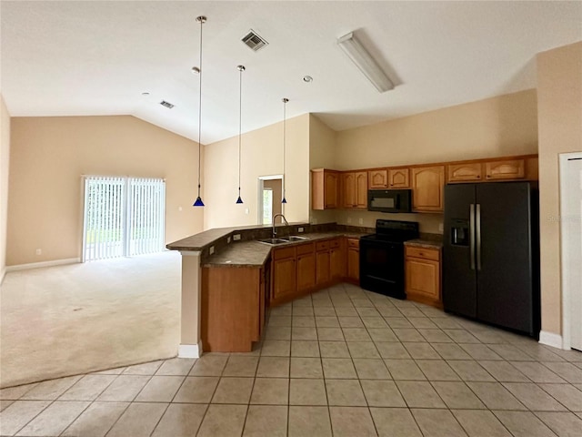 1676 Vick Rd, Apopka, FL 32712 - kitchen with black appliances, a peninsula, open floor plan, light tile patterned floors, and dark countertops