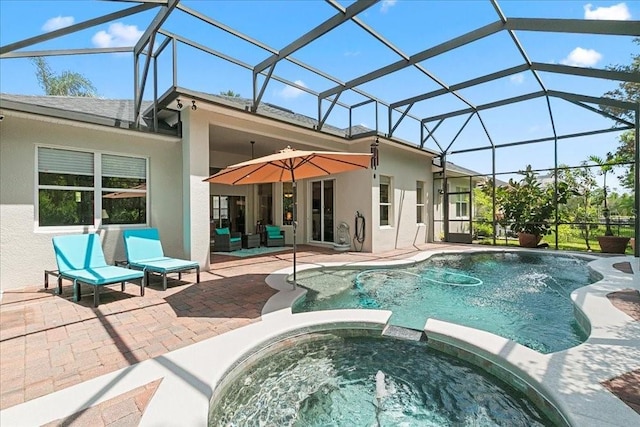 4080 Safflower Ter, Oviedo, FL 32766 - view of swimming pool with a pool with connected hot tub, a patio area, and glass enclosure
