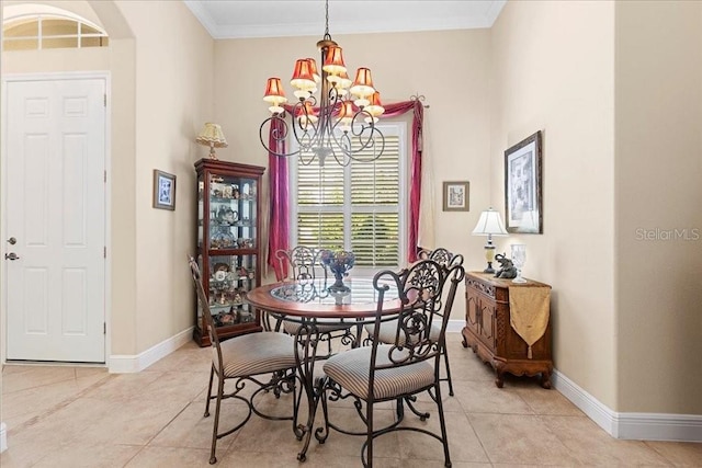 4080 Safflower Ter, Oviedo, FL 32766 - dining space featuring a chandelier, light tile patterned floors, arched walkways, and crown molding