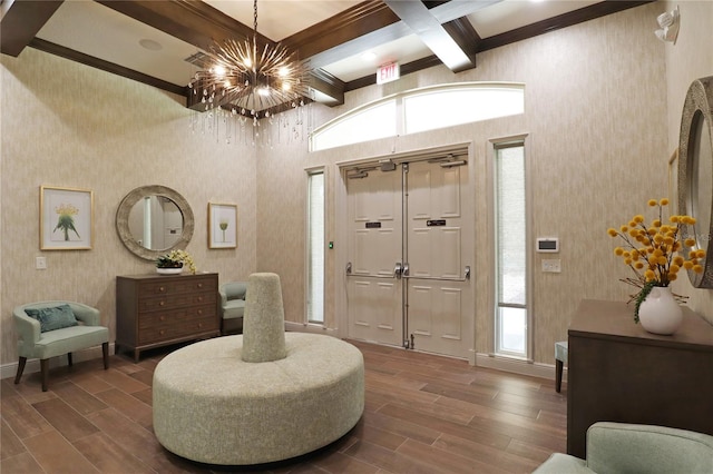 4080 Safflower Ter, Oviedo, FL 32766 - entrance foyer with coffered ceiling, dark wood-style flooring, wallpapered walls, beam ceiling, and a chandelier