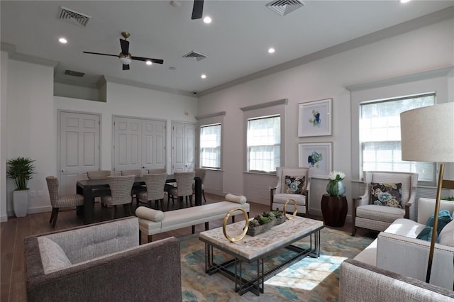 4080 Safflower Ter, Oviedo, FL 32766 - living room featuring ceiling fan, plenty of natural light, light wood-style floors, recessed lighting, and ornamental molding