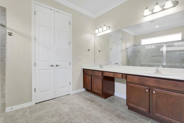 4060 Oak Tree Dr, Davenport, FL 33837 - full bath featuring double vanity, a shower stall, crown molding, and a closet