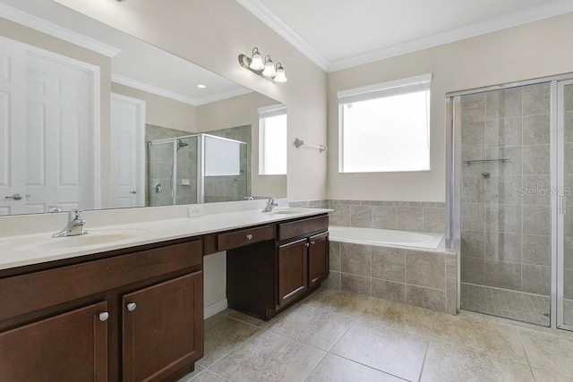 4060 Oak Tree Dr, Davenport, FL 33837 - full bath featuring a shower stall, double vanity, tile patterned flooring, a bath, and ornamental molding