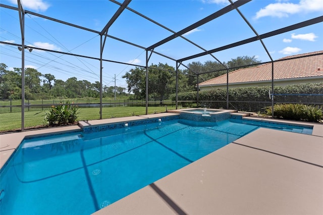 11031 Ledgement Ln, Windermere, FL 34786 - view of swimming pool with a yard, a pool with connected hot tub, view of scattered trees, glass enclosure, and a patio