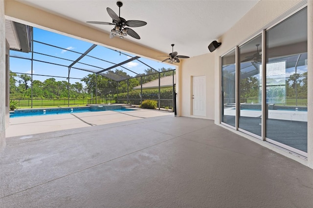 11031 Ledgement Ln, Windermere, FL 34786 - view of swimming pool with a patio area, a pool with connected hot tub, a ceiling fan, and glass enclosure