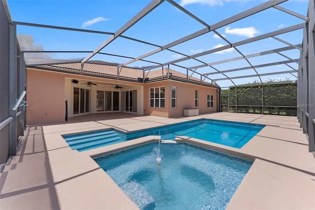 11031 Ledgement Ln, Windermere, FL 34786 - view of swimming pool with a ceiling fan, a patio, a pool with connected hot tub, and glass enclosure