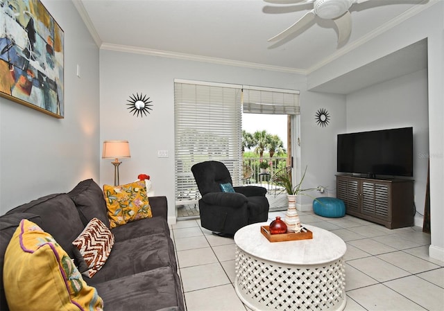 4624 Harbour Village Blvd Unit 4206, Ponce Inlet, FL 32127 - living room featuring ornamental molding, ceiling fan, and light tile patterned flooring