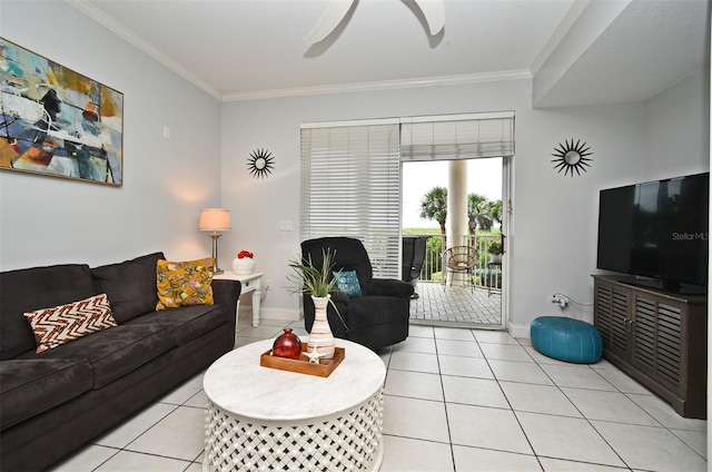 4624 Harbour Village Blvd Unit 4206, Ponce Inlet, FL 32127 - living room with light tile patterned flooring, ceiling fan, and crown molding