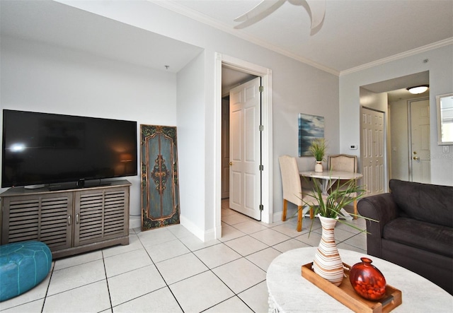 4624 Harbour Village Blvd Unit 4206, Ponce Inlet, FL 32127 - tiled living area featuring ornamental molding and a ceiling fan