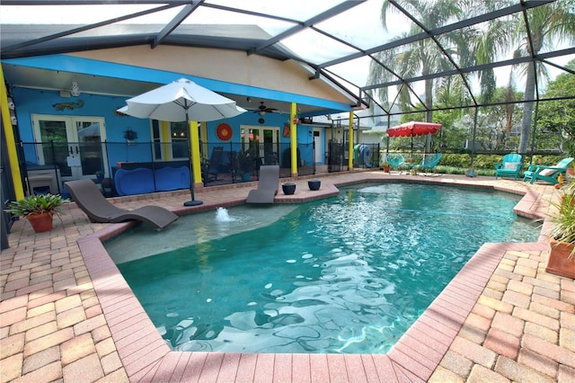 1624 Bear Crossing Cir, Apopka, FL 32703 - outdoor pool with french doors, a ceiling fan, a patio area, and glass enclosure