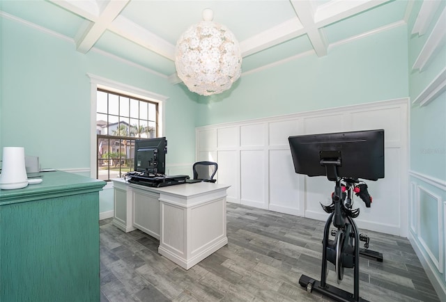 9379 Royal Estates Blvd, Orlando, FL 32836 - office area featuring coffered ceiling, beam ceiling, a decorative wall, light wood-style flooring, and a wainscoted wall