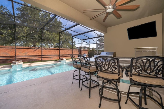 9379 Royal Estates Blvd, Orlando, FL 32836 - view of pool with a patio, a ceiling fan, a grill, and glass enclosure