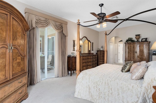 1331 Marble Crest Way, Winter Garden, FL 34787 - bedroom featuring light colored carpet, access to outside, arched walkways, and a ceiling fan