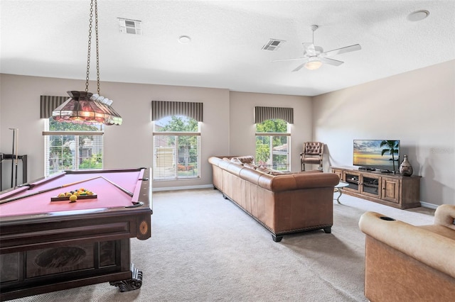 1331 Marble Crest Way, Winter Garden, FL 34787 - living room with light colored carpet, ceiling fan, billiards, and a textured ceiling