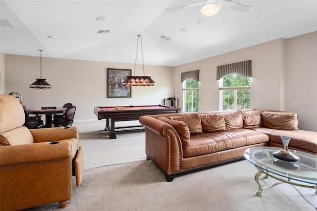 1331 Marble Crest Way, Winter Garden, FL 34787 - living room featuring carpet, lofted ceiling, billiards, and ceiling fan