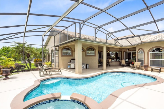 1331 Marble Crest Way, Winter Garden, FL 34787 - view of pool featuring a patio, a ceiling fan, a pool with connected hot tub, and glass enclosure