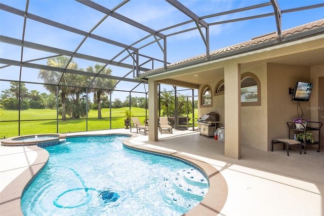 1331 Marble Crest Way, Winter Garden, FL 34787 - view of pool featuring a patio area, area for grilling, a pool with connected hot tub, a yard, and glass enclosure