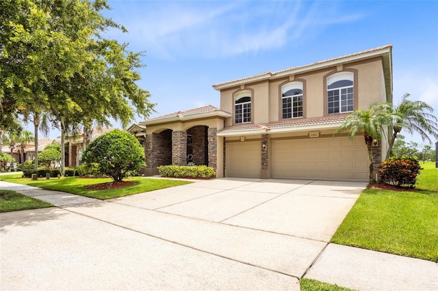 1331 Marble Crest Way, Winter Garden, FL 34787 - mediterranean / spanish house featuring a garage, stucco siding, driveway, stone siding, and a tile roof