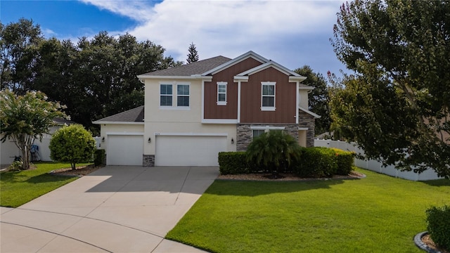 4024 Blazewater Ct, Eustis, FL 32736 - traditional-style home with stone siding, an attached garage, concrete driveway, and a front lawn