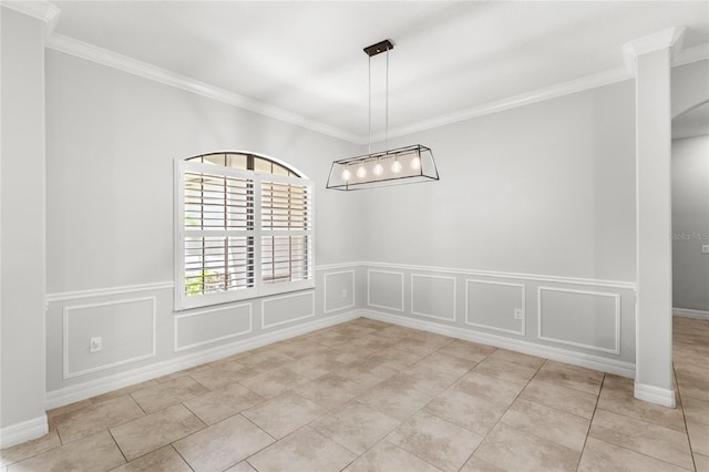 32619 View Haven Ln, Sorrento, FL 32776 - unfurnished dining area with ornamental molding, a decorative wall, tile patterned flooring, wainscoting, and a chandelier