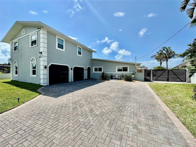 142 Reef Rd, South Daytona, FL 32119 - view of front facade featuring a garage, decorative driveway, stucco siding, and a gate