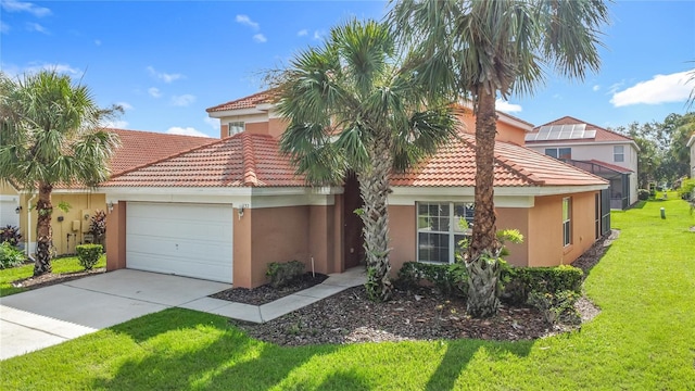 132 Cordova Ave, Davenport, FL 33897 - mediterranean / spanish-style home featuring stucco siding, a tiled roof, a garage, a front yard, and driveway