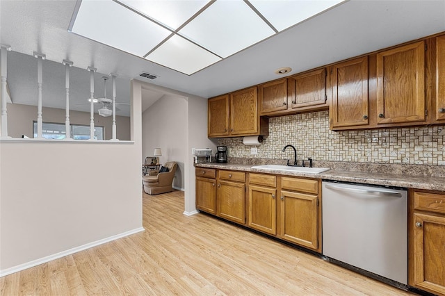 1384 La Paloma Cir, Winter Springs, FL 32708 - kitchen featuring dishwasher, brown cabinets, and decorative backsplash