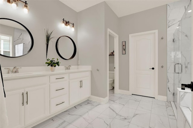 1219 Foltz Loop, Oakland, FL 34787 - full bathroom with a marble finish shower, double vanity, and marble look tile flooring