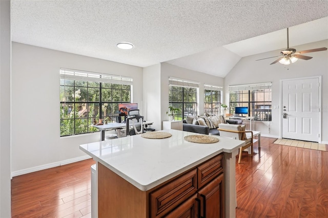 364 Northpointe Ct Unit 208, Altamonte Springs, FL 32701 - kitchen featuring wood finished floors, a ceiling fan, light countertops, vaulted ceiling, and open floor plan