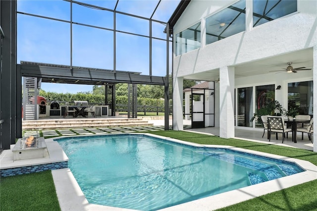 15350 Arabian Way, Montverde, FL 34756 - swimming pool featuring ceiling fan, a patio area, and outdoor dining area