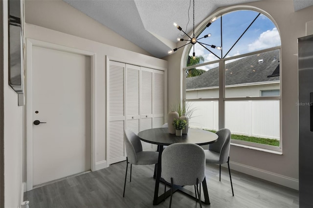 2898 Picadilly Cir, Kissimmee, FL 34747 - dining area featuring vaulted ceiling, a chandelier, wood finished floors, and a textured ceiling