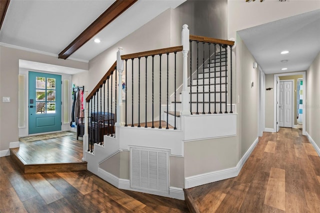 11815 Lake Susan, Clermont, FL 34711 - foyer entrance with wood finished floors, stairs, recessed lighting, and beamed ceiling
