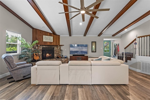 11815 Lake Susan, Clermont, FL 34711 - living area featuring a stone fireplace, wood finished floors, ceiling fan, plenty of natural light, and recessed lighting