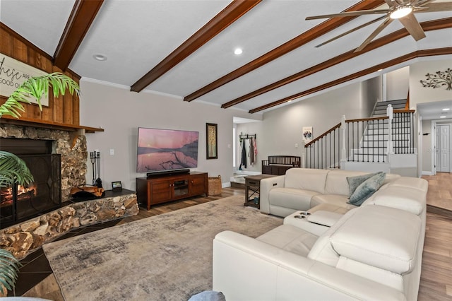 11815 Lake Susan, Clermont, FL 34711 - living area featuring stairs, a ceiling fan, wood finished floors, a stone fireplace, and recessed lighting