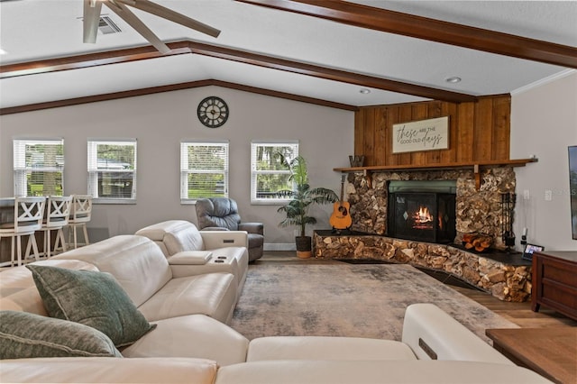 11815 Lake Susan, Clermont, FL 34711 - living room with wood finished floors, a stone fireplace, ceiling fan, and recessed lighting