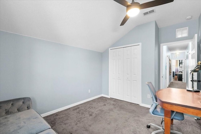 523 Lake Davenport Cir, Davenport, FL 33837 - carpeted home office featuring ceiling fan and vaulted ceiling