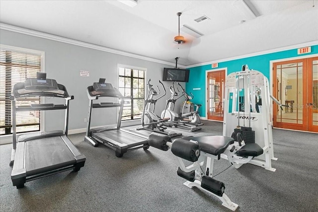 523 Lake Davenport Cir, Davenport, FL 33837 - gym featuring crown molding and french doors